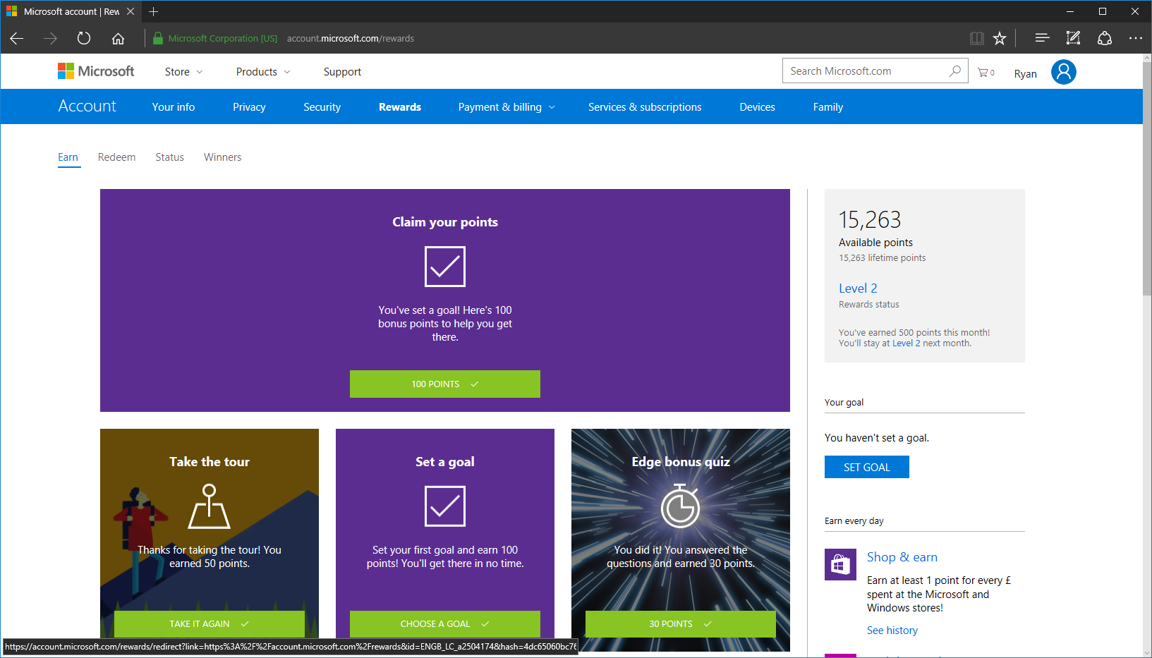 Microsoft Rewards Portal page