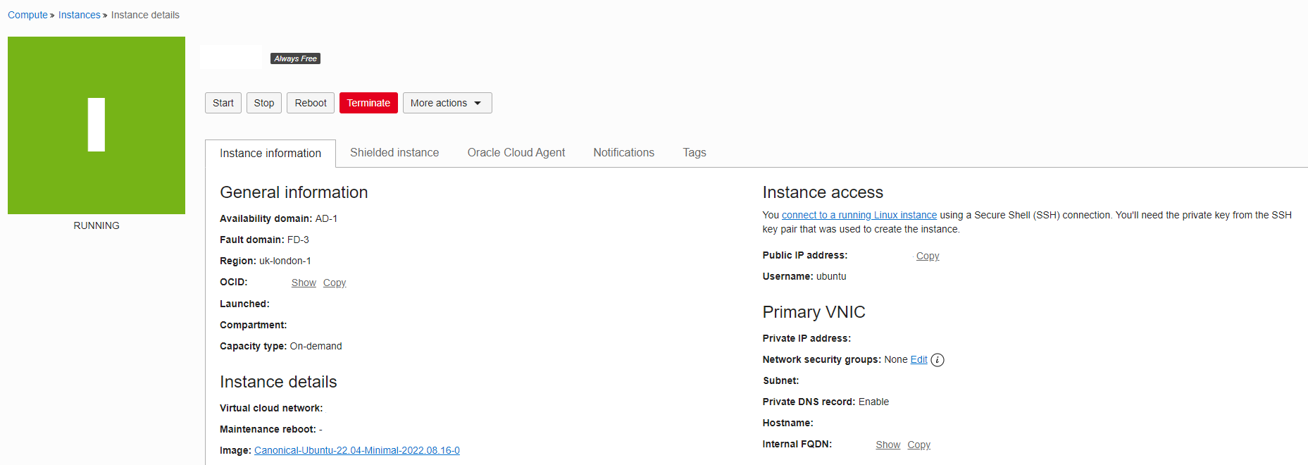 Oracle Cloud Instance Status Page