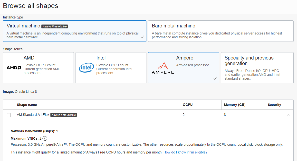 Oracle Cloud Shape Selection